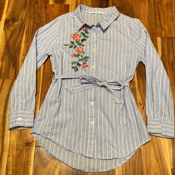 Girl’s Size M (10-12) Striped Tunic Button Down Shirt with Embroidered Flowers - Picture 1 of 5